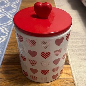 Heart Patterned Red and White Ceramic Jar